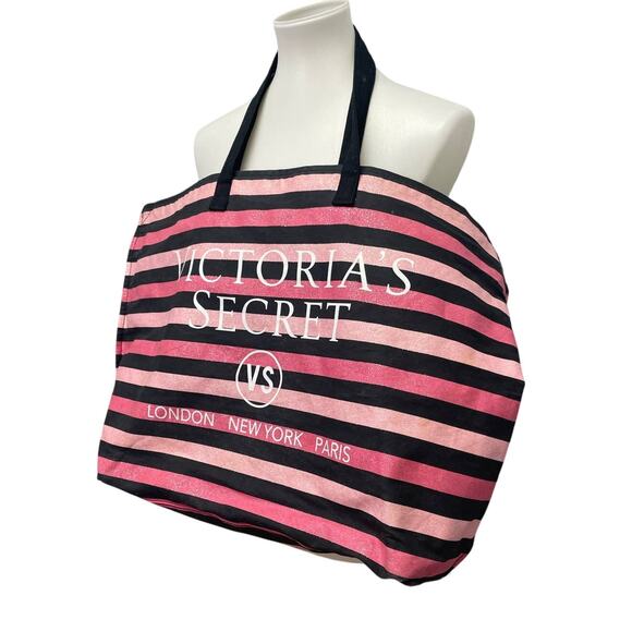 Victoria's Secret Black Pink Glitter Striped Zippered Tote Duffle Bag Long Strap - Picture 1 of 4